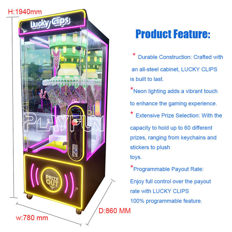 Playfun Coin Operated Indoor Amusement Arcade Wheel Lucky Clip Prize Vending Machine Lucky Clips with 60 Clips