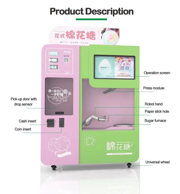 Full Automatic Coin Operated Cotton Candy Making fairy Floss Flower Vending Machine with Super Touch Advitisement Screen