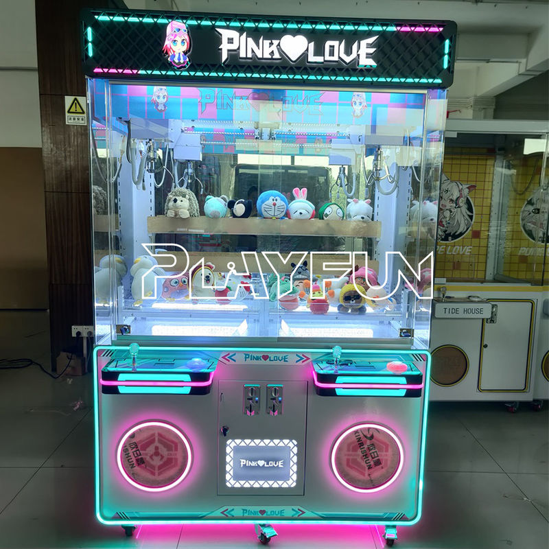 Playfun High Quality 2 Players Baby Catcher Crane Machine Mini Plush Doll Prize Machine Claw Pink Love Coin Operated Arcade
